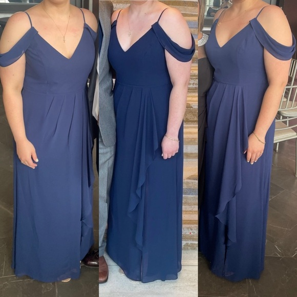 David's Bridal Cascading Off-the-Shoulder Cocktail/Wedding Dress in MARINE BLUE! - Picture 3 of 13